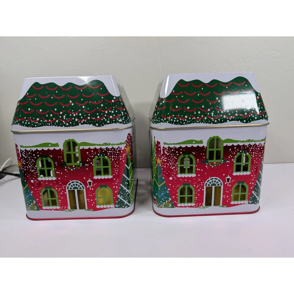 PartyLite Winter Village 3 Wick Candle Jar Tin unused Christmas Display Set Of 2